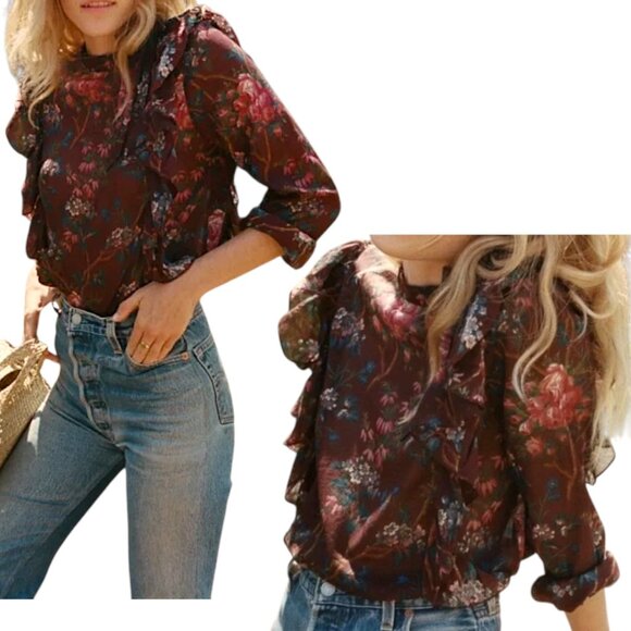 Doen - Women’s ‘Geranium’ Blouse in Bordeaux Winter Floral, Ruffle, Purple Small - Picture 1 of 17
